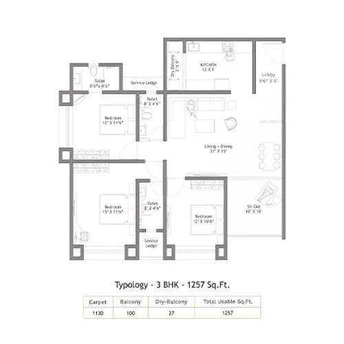 Legacy Kairos Rahatani 3BHK Floor Plan Image
