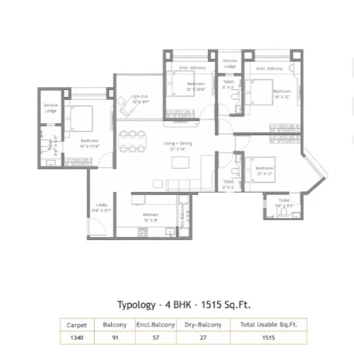 Legacy Kairos Rahatani 3.5BHK Floor Plan Image